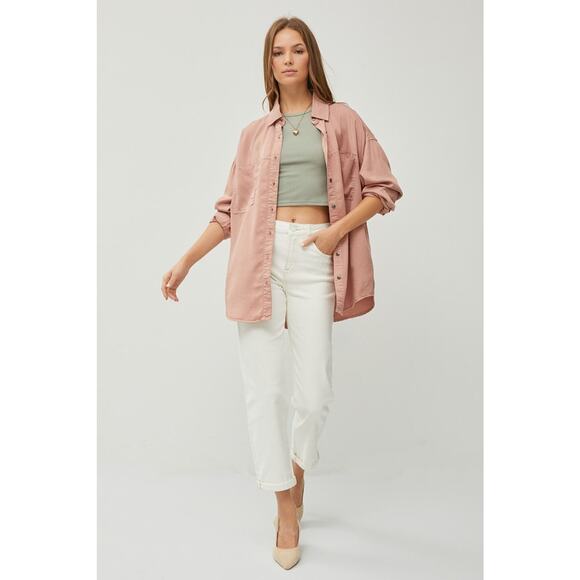 RISEN Button Up Long Sleeves Chest Pockets Relaxed Fit Denim Shirt | Mauve - Picture 6 of 6